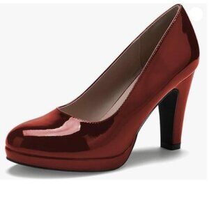 miss left Women's Low Platform High Chunky Heels Slip On Closed Round Toe Red